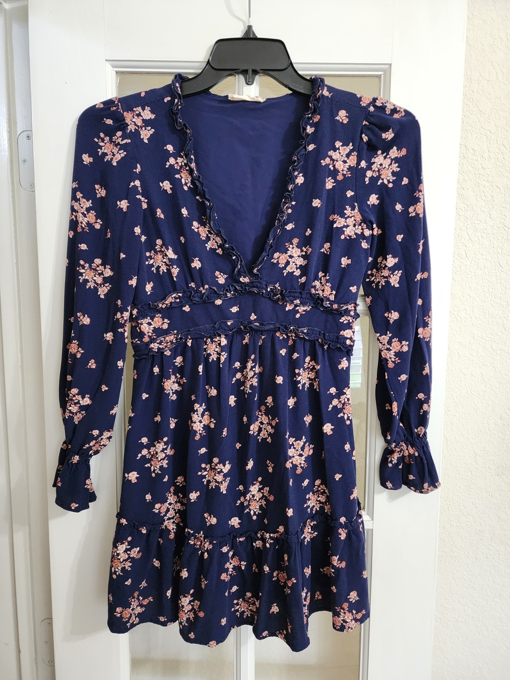 Altar'd State XS Navy Floral Ruffle Trim Long Sleeve Mini Dress Boho